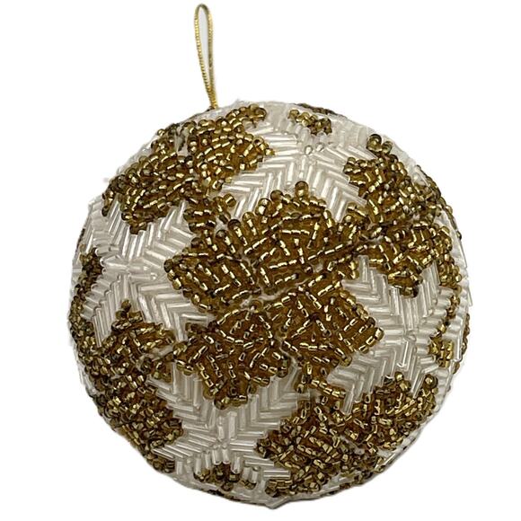 Beaded Christmas Ball Ornaments Handmade White Gold Beads Holiday Tree Decor - Picture 5 of 6